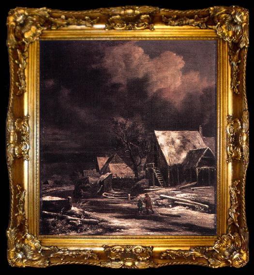 framed  Jacob van Ruisdael Village at Winter at Moonlight, ta009-2